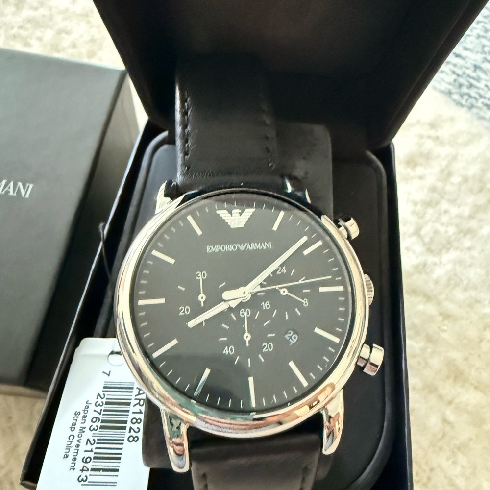 Emporio Armani Silver and Black Chronograph Watch